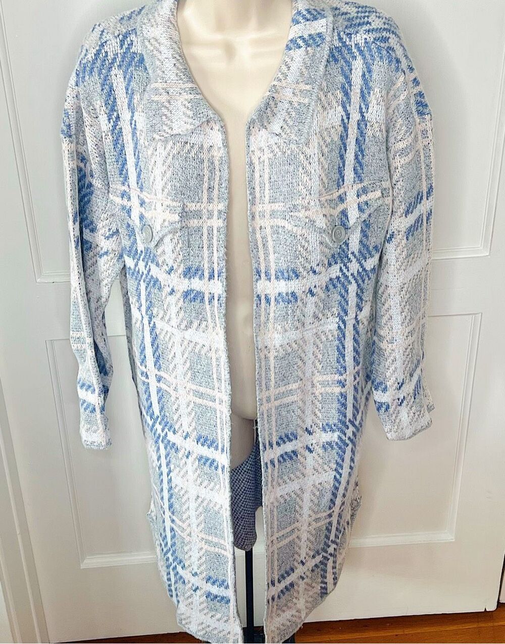 By Design Long-Line Knit Coatigan Open-Front Sweater Gray/Blue Size Medium